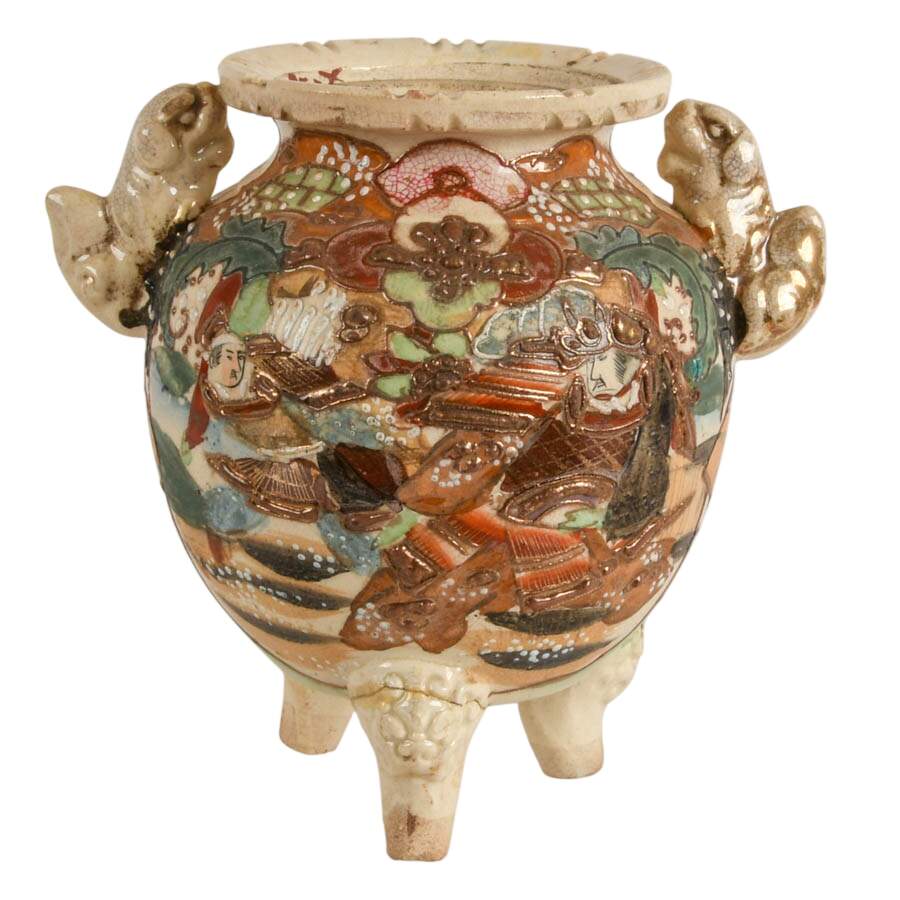 Antique Japanese Meiji-Era Satsuma Tripod Urn with Imperial Lion Handles-1
