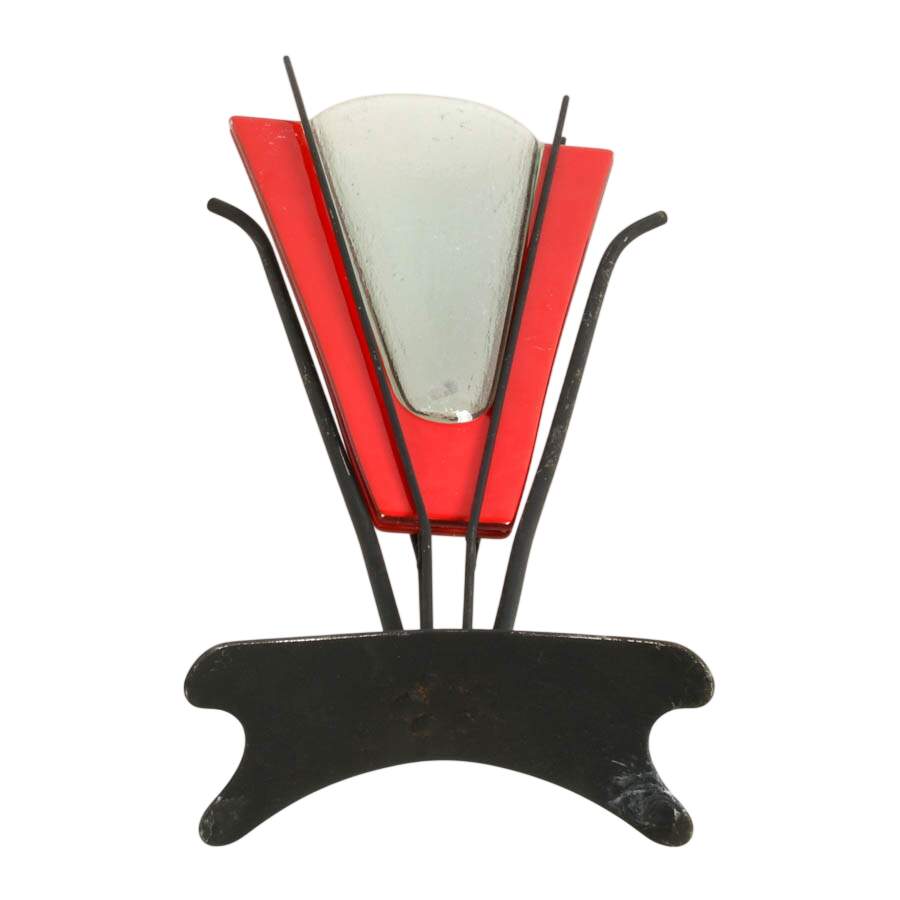 Postmodern Red Glass and Metal Pedestal Vase-7