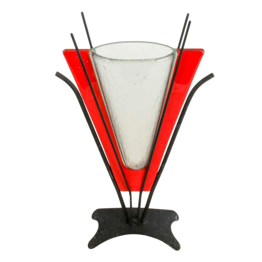 Postmodern Red Glass and Metal Pedestal Vase-3