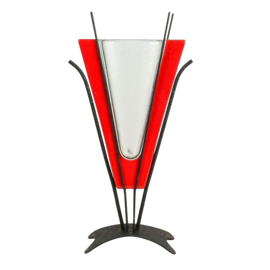 Postmodern Red Glass and Metal Pedestal Vase-1