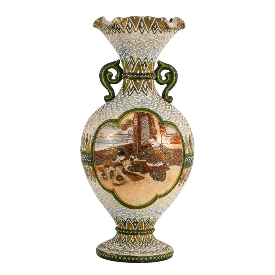 Antique Japanese Satsuma Moriage Scenic Porcelain Vase-3