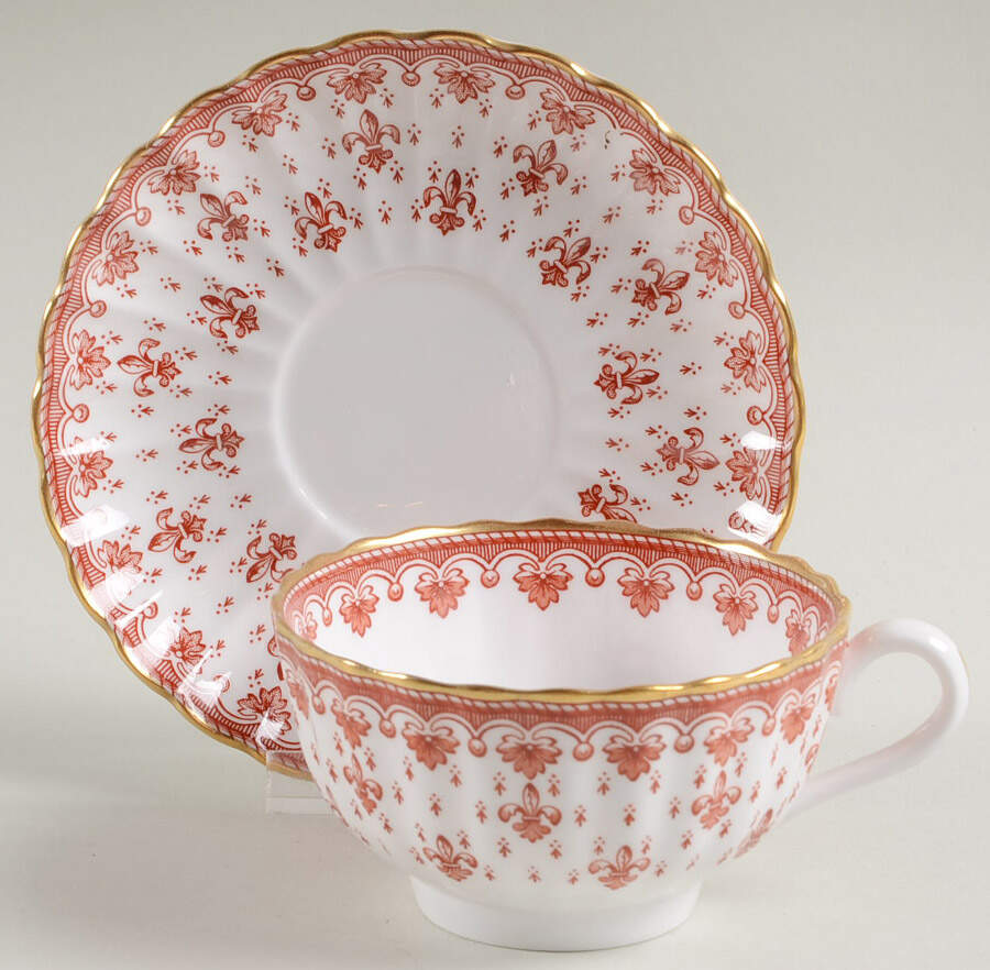 Fleur de Lys Red (Bone, Gold Trim) Flat Cup & Saucer Set by Spode