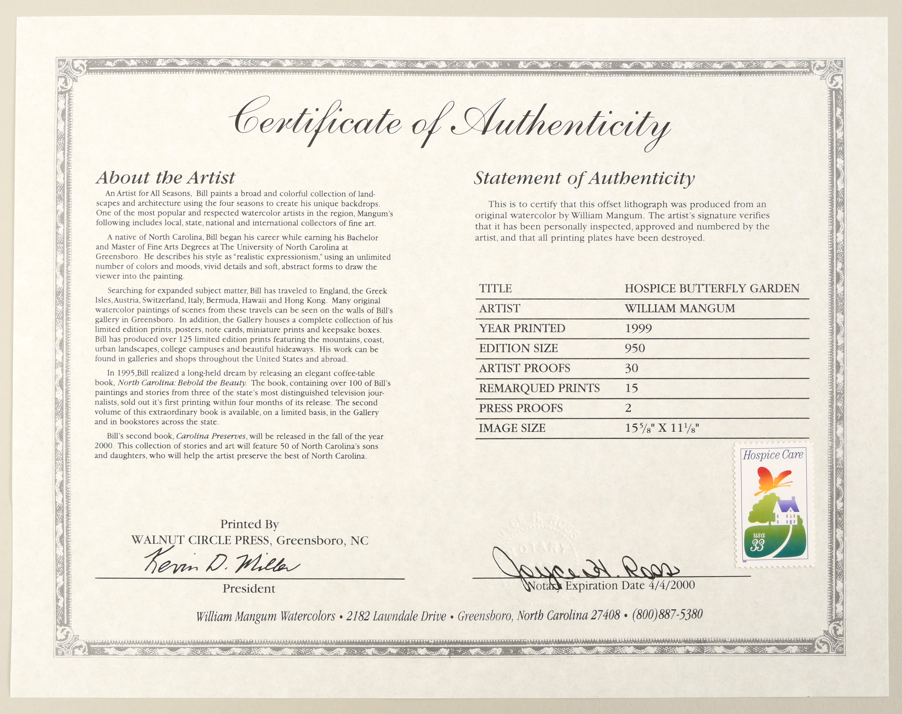 William Mangum Prints Hospice Butterfly Garden W/ Stamp - Boxed by William Mangum-2