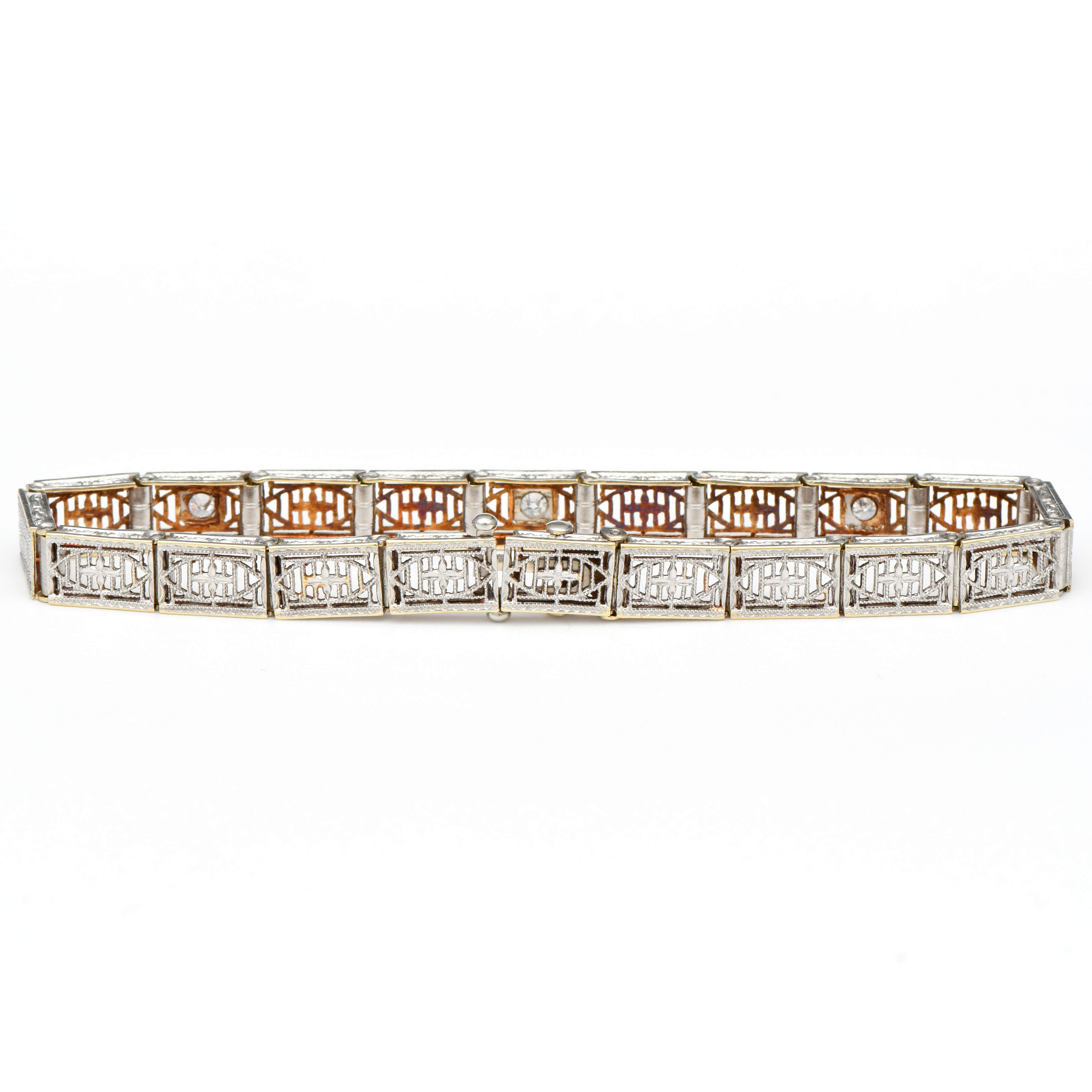 Platinum 18KY Art Deco Diamond(0.18) Filigree Line Bracelet-2