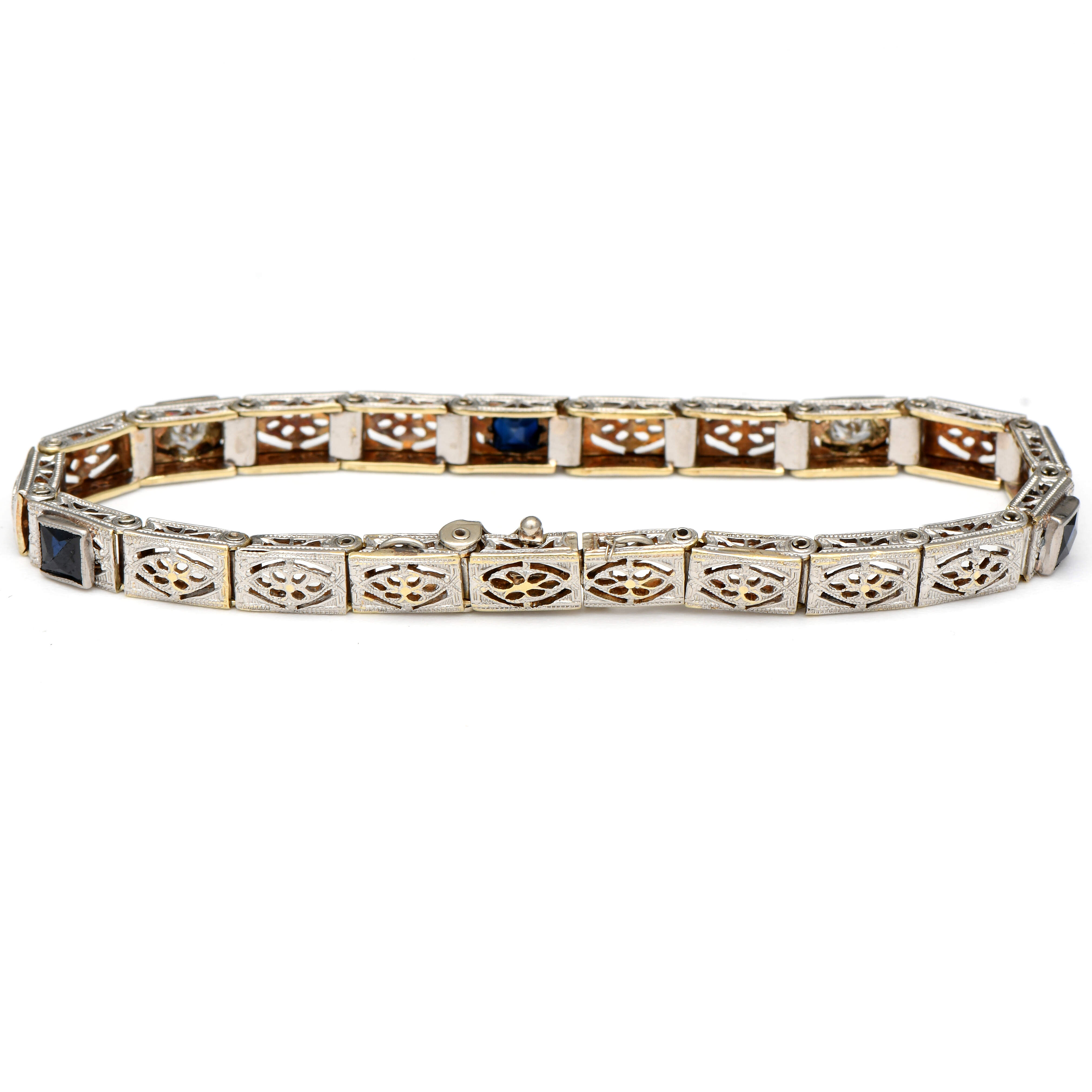 7KWY Art Deco Sapphire(0.90) & Diamond(0.32) Filigree Bracelet-2