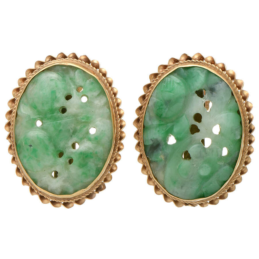 14KY Vintage Carved Green Jade Button Earrings-1