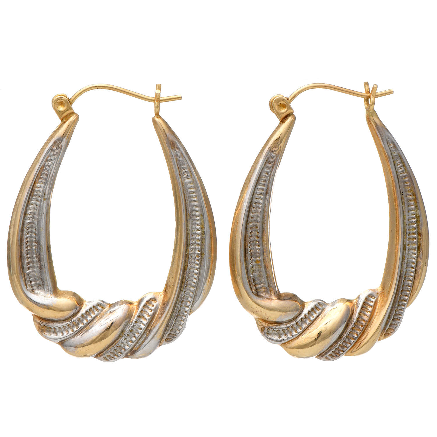 14KYW Two-Tone Embossed Twist Hoop Earrings-1