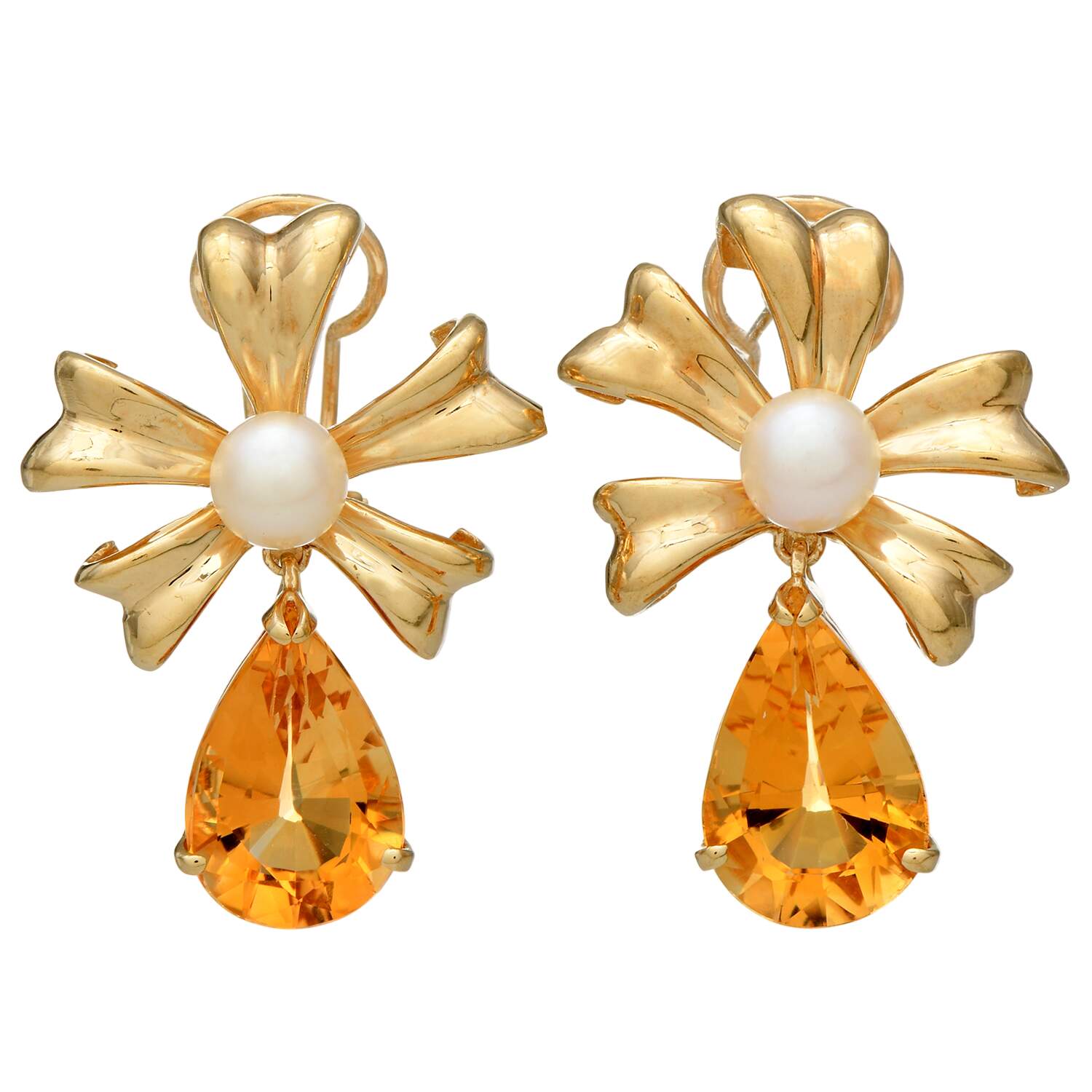 14KY Citrine(9.90) & Pearl(6.30 mm) Bow Drop Earrings-1