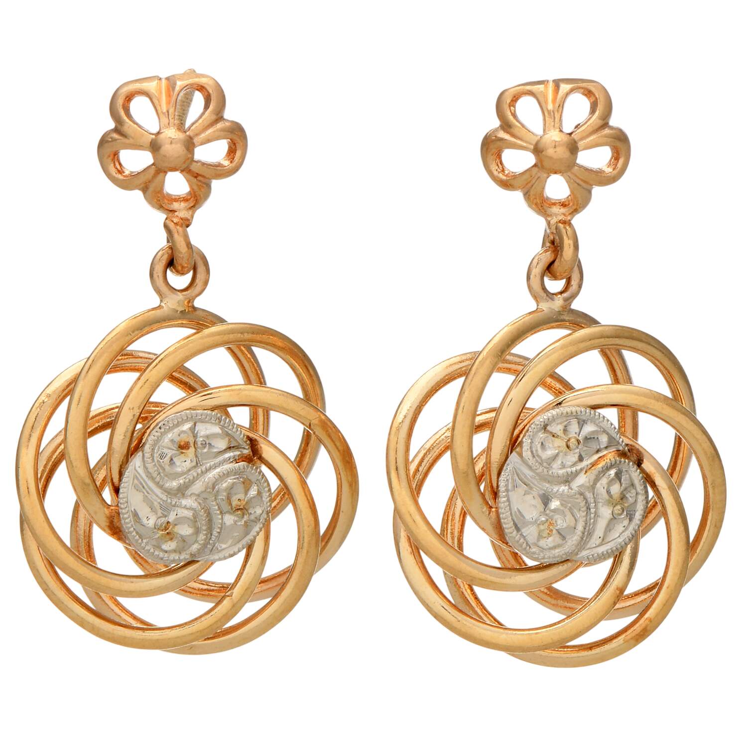 14KYW Two Tone Swirl Dangle Earrings-1
