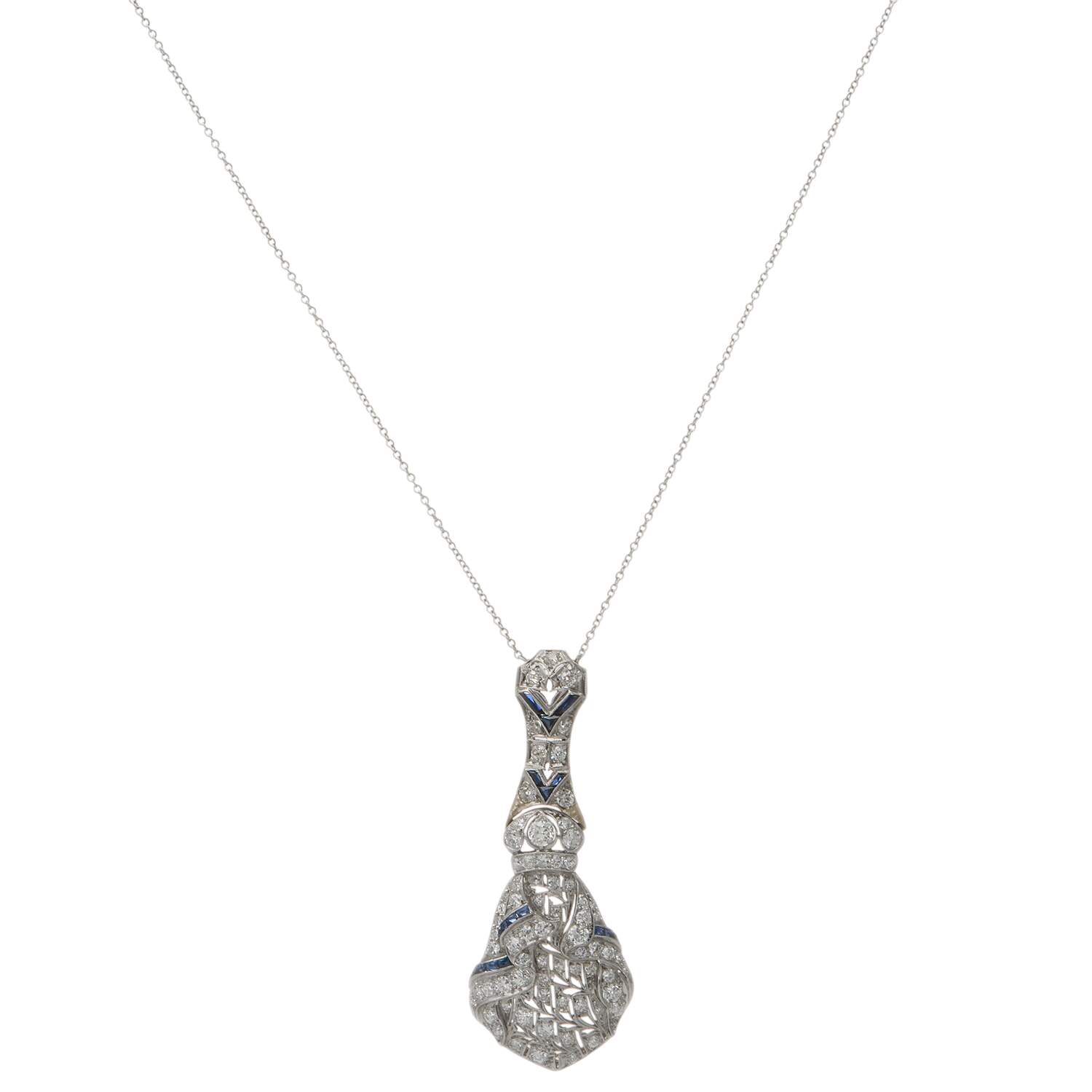 Platinum Art Deco Diamond(1.35) & Synthetic Sapphire Drop Necklace-2