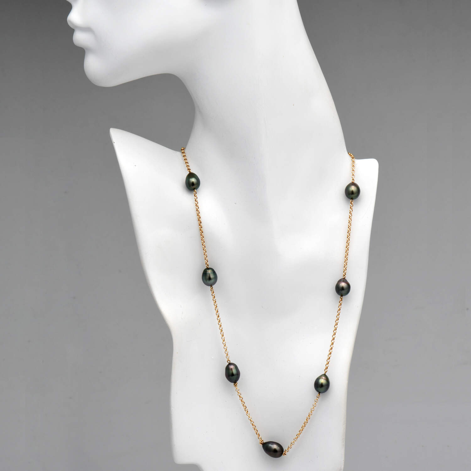 18KY Peacock Tahitian Pearl Station Cable Chain Necklace-3