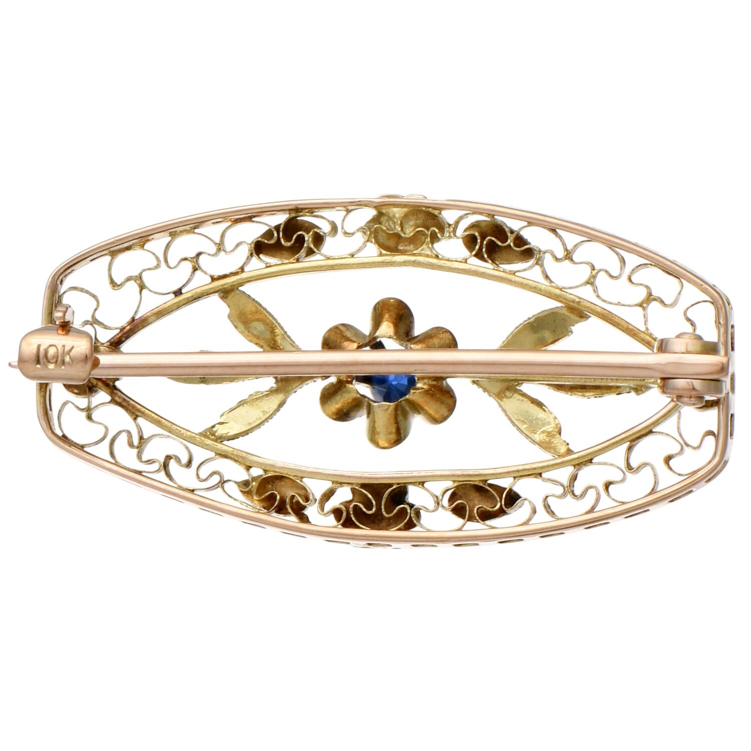14/10KYR Art Nouveau Blue Sapphire (0.08) Floral Filigree Pin-2