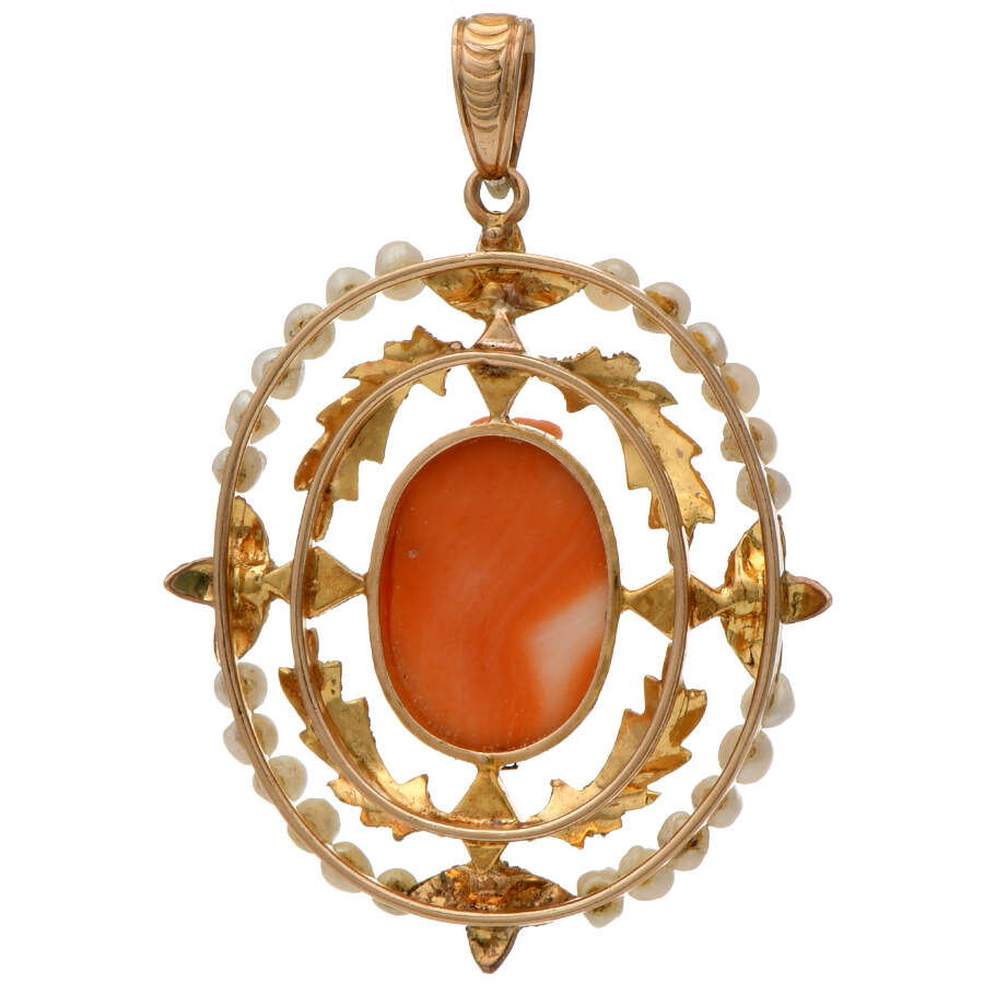 10KY Victorian Carved Cameo & Seed Pearl Pendant-2