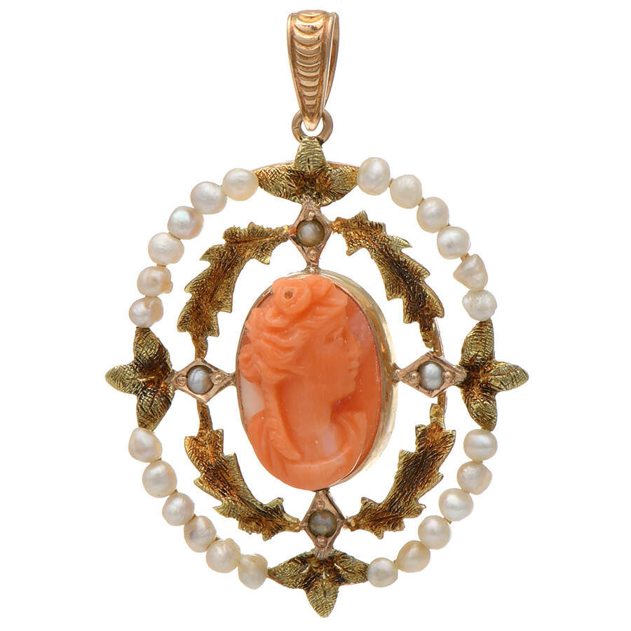 10KY Victorian Carved Cameo & Seed Pearl Pendant-1