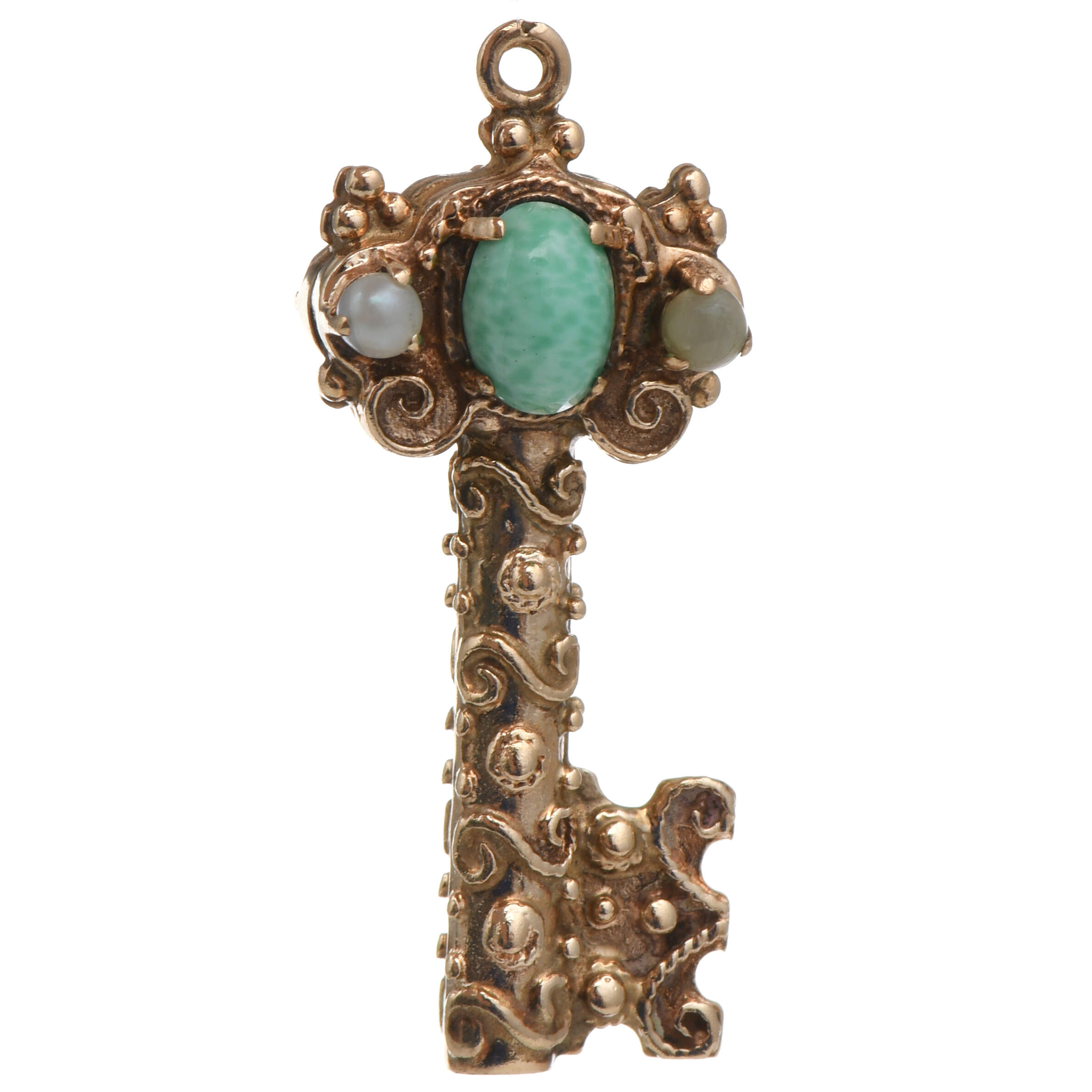 10KY Victorian Revival Green Variscite & Pearl Ornate Key Pendant-2