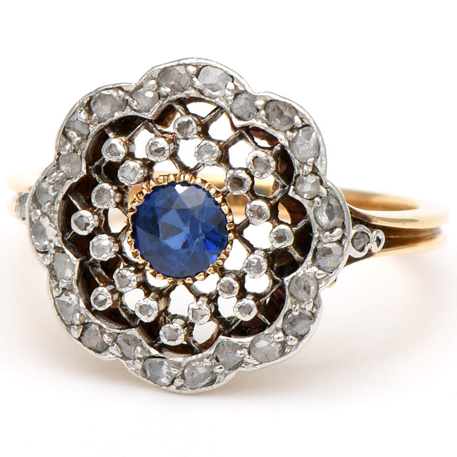 18KY & Platinum Edwardian Sapphire(0.36) & Diamond Lace Ring-1