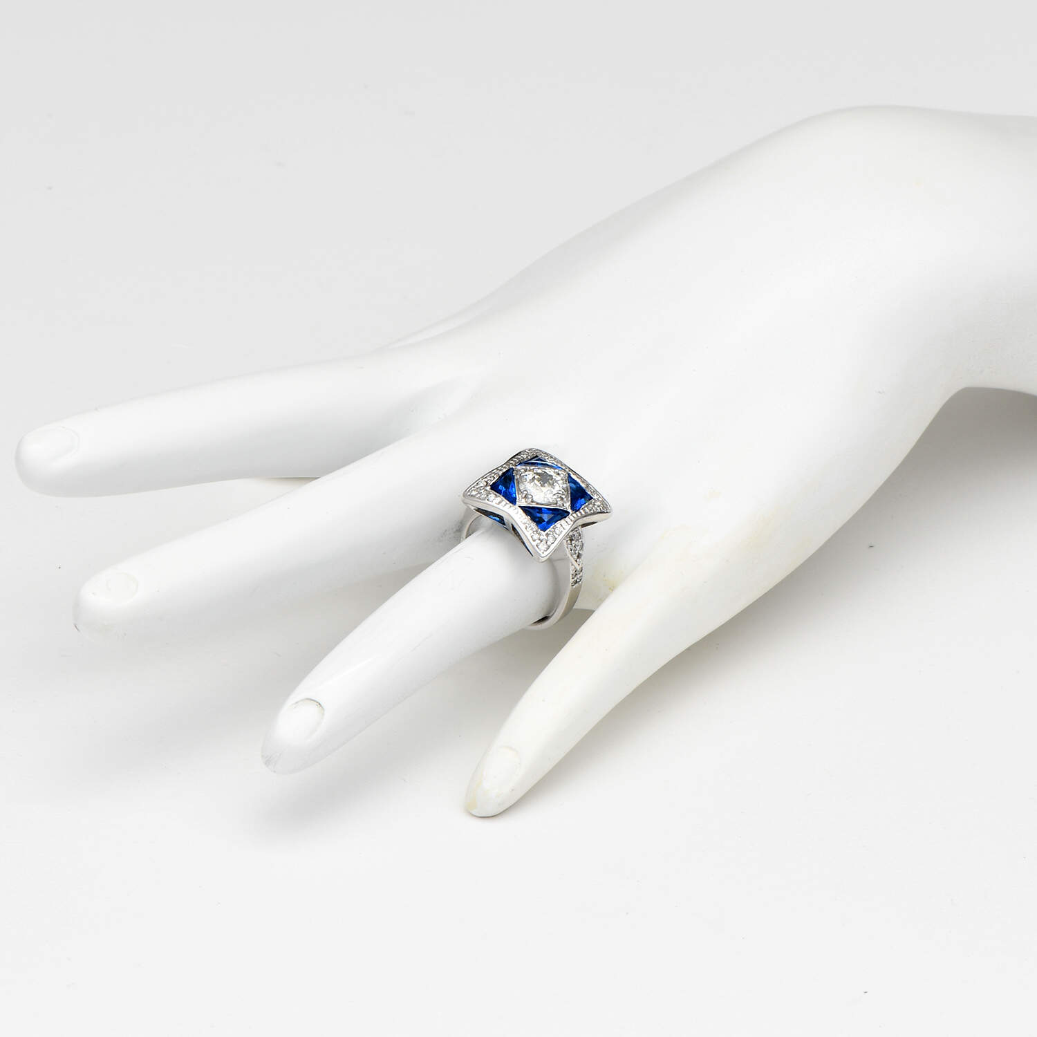 14KW Art Deco Inspired Diamond(1.26) & Blue Cubic Zirconia Ring-6