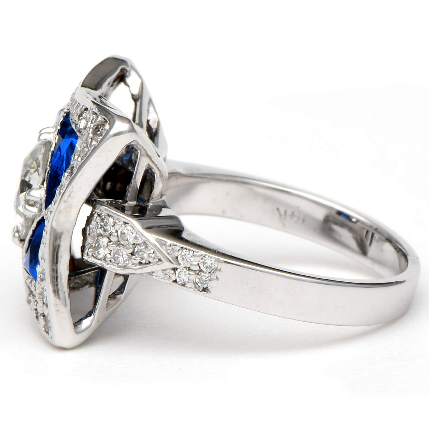 14KW Art Deco Inspired Diamond(1.26) & Blue Cubic Zirconia Ring-3