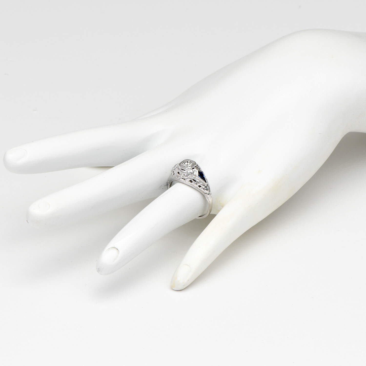 14KW Art Deco Diamond(0.16) & Synthetic Sapphire Ring-6