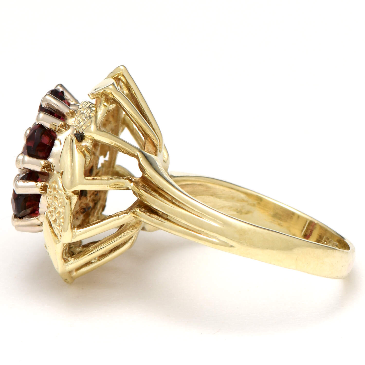 14KY Vintage Garnet (1.25) & Diamond (0.18) Floral Ring-3