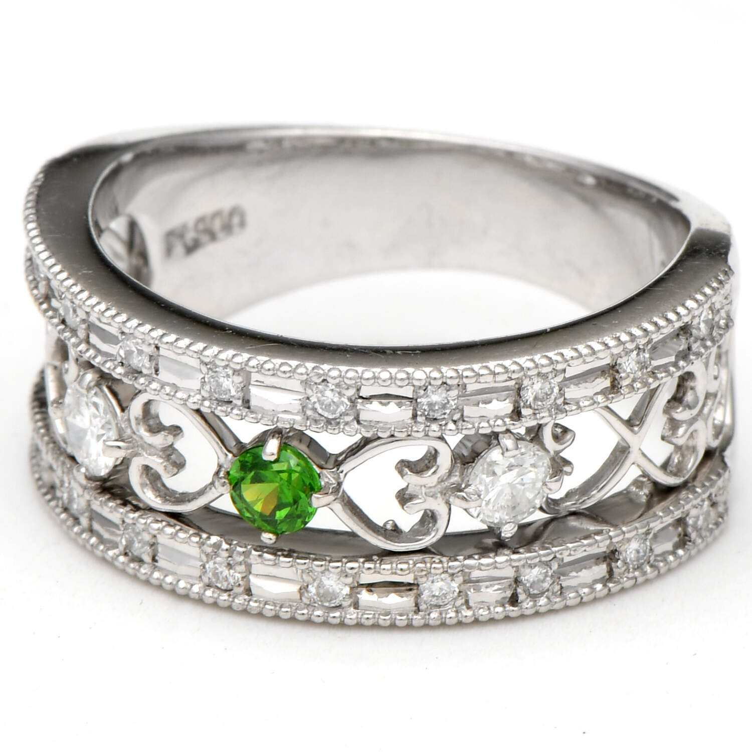 Platium Tsavorite Garnet(0.10) & Diamond(0.34) Open Heart Band Ring-1