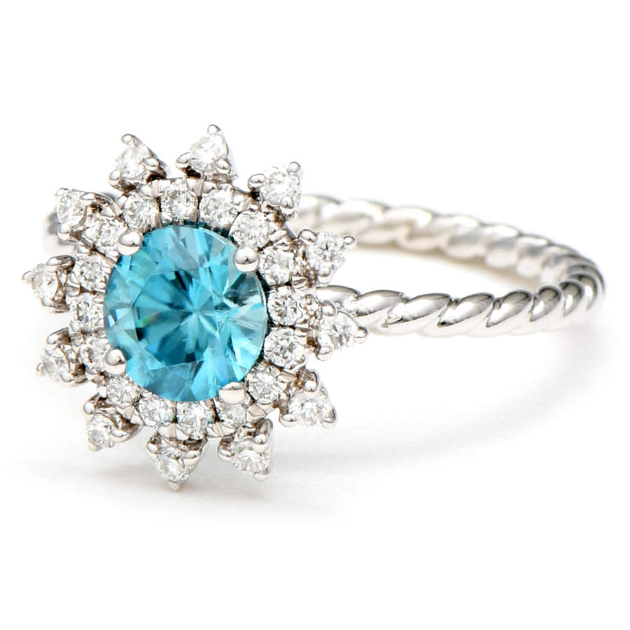 14KW Blue Zircon(1.10) & Diamond(0.28)Halo Ring-1