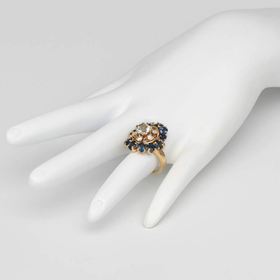 14KY Vintage Aquamarine (0.87), Sapphire (3.6), & Diamond (0.16) Ring-5