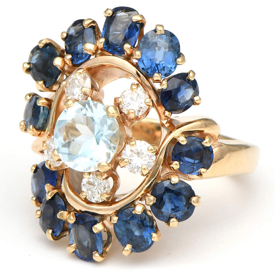 14KY Vintage Aquamarine (0.87), Sapphire (3.6), & Diamond (0.16) Ring-1