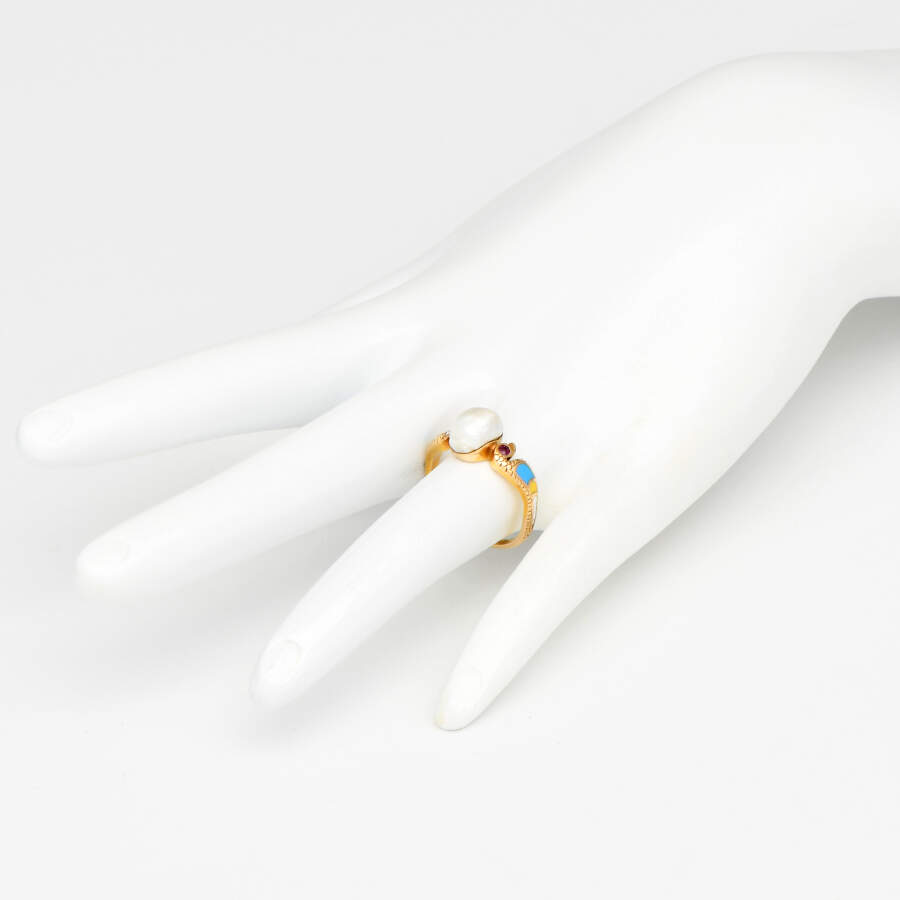 16KY Serpent Natural Pearl & Multi-Gemstone Ring-5