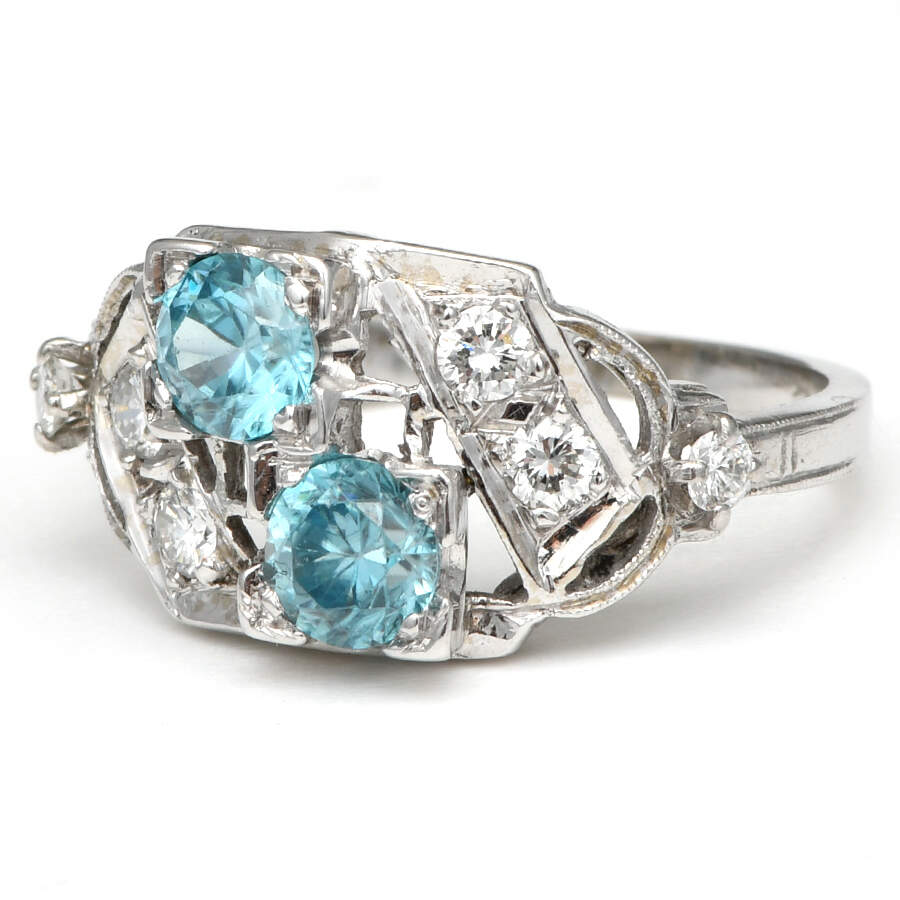 14KW Vintage Blue Zircon(1.30) & Diamond(0.32) Ring-1