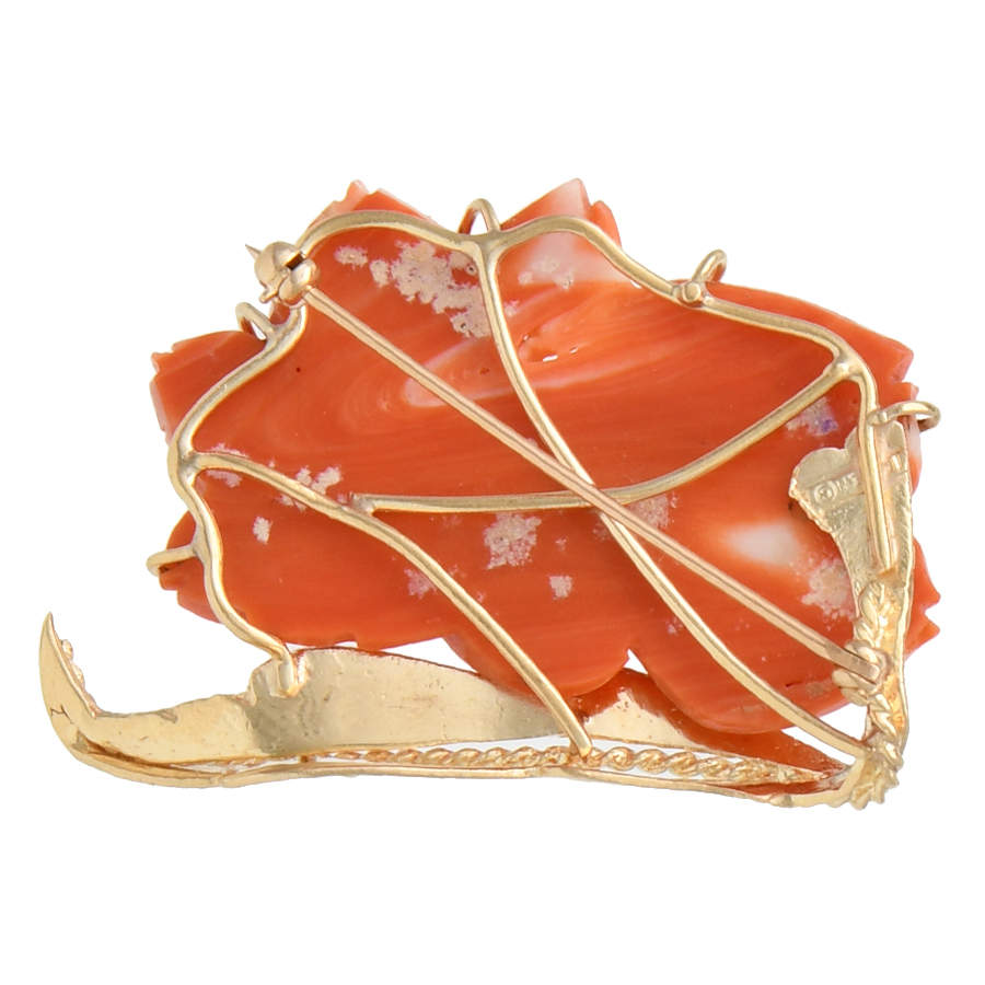 14KY Vintage Carved Coral Rose Pin-2