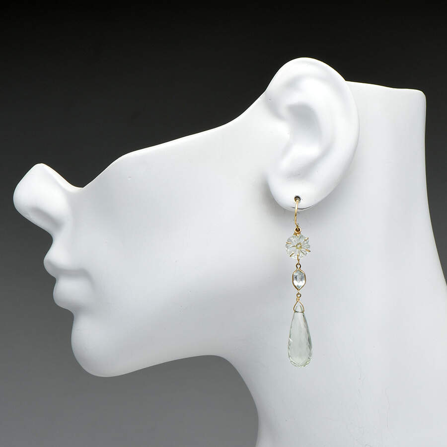 14KY Green Quartz Carved & Faceted Drop Earrings-3