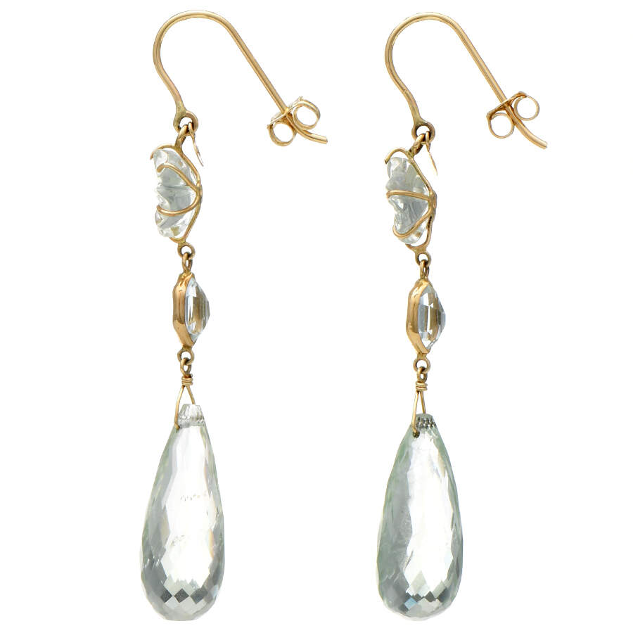 14KY Green Quartz Carved & Faceted Drop Earrings-2