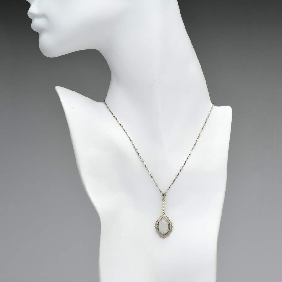 10KW Vintage Moonstone(3.79) and Seed Pearl Filigree Pendant-4