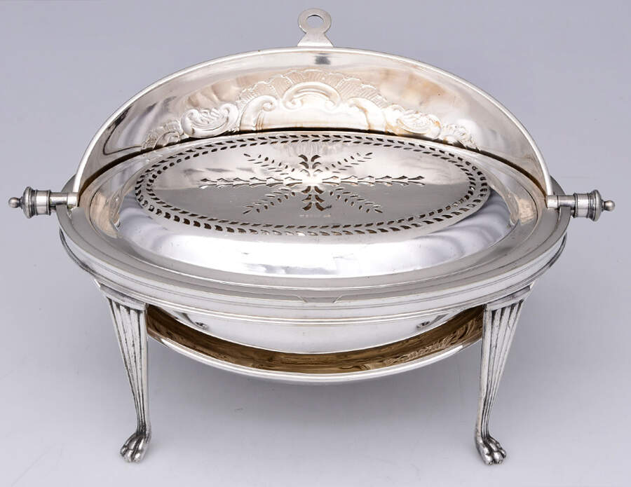 England Silverplate Hollowware Oval Roll Top Vegetable w/Liner & Strainer by Spurrier & Co-2