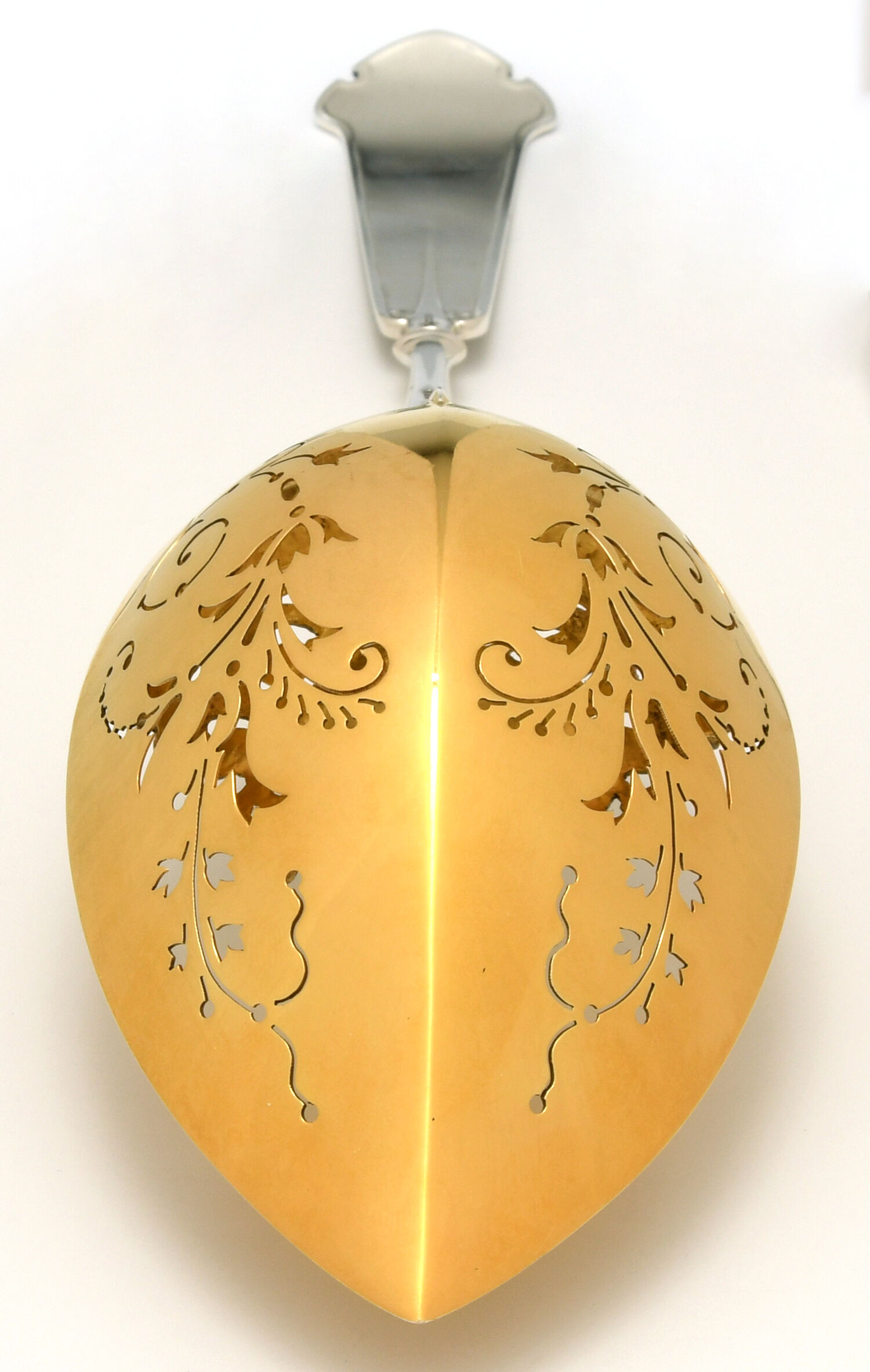 Arabesque (Sterling, 1870, No Monograms) Hooded Pierced Solid Nut Serving Spoon by John R Wendt-6