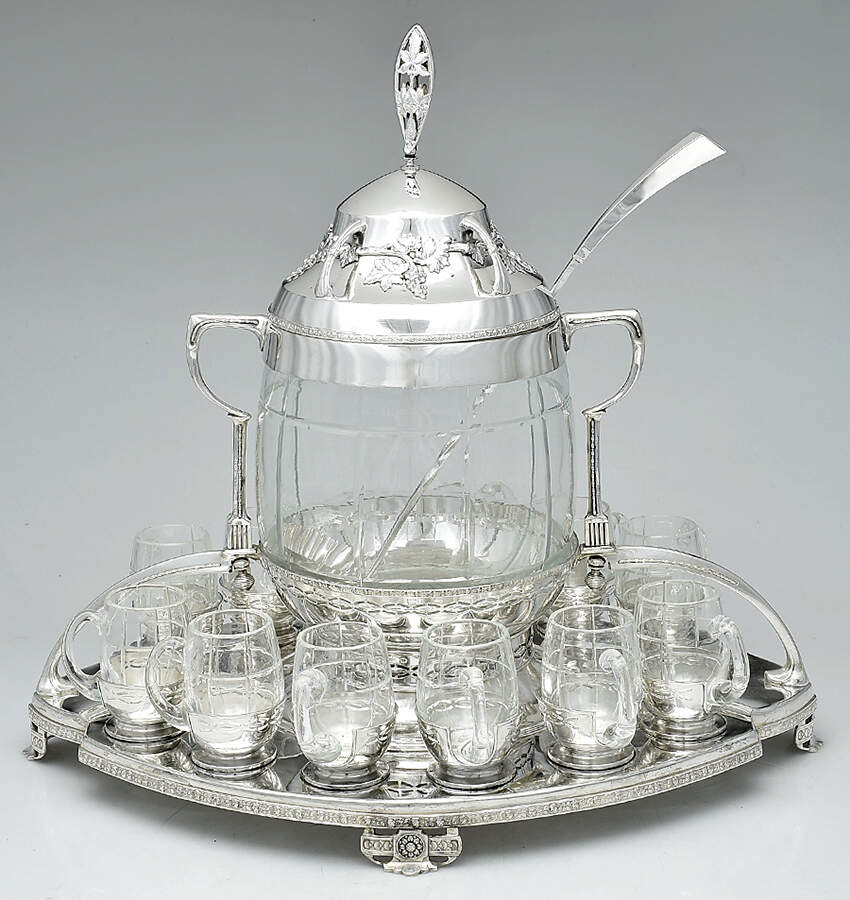 A8N1 (Silverplate, Hollowware) Punch Set (Bowl with Lid, Tray, Ladle & Glass Cups) by Argentor-1