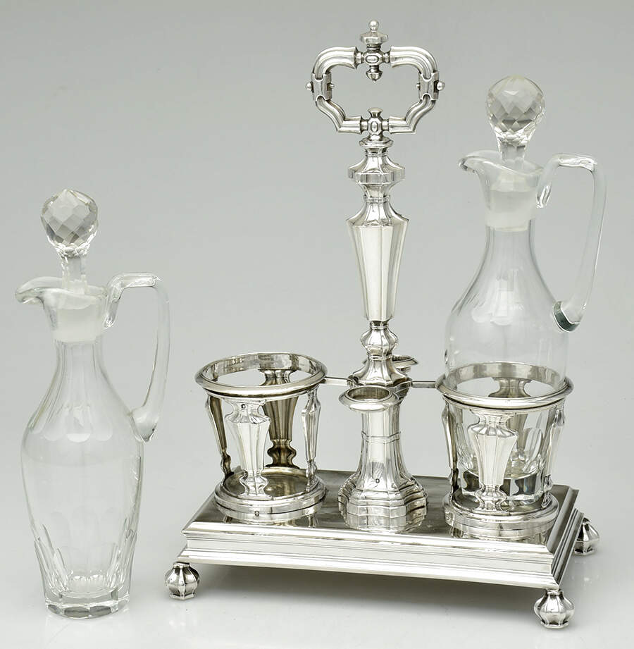 EXG1 (Sterling, Hollowware) Cruet Set-2 Cry Bottles & Stand by Etienne-Auguste Courtois-2