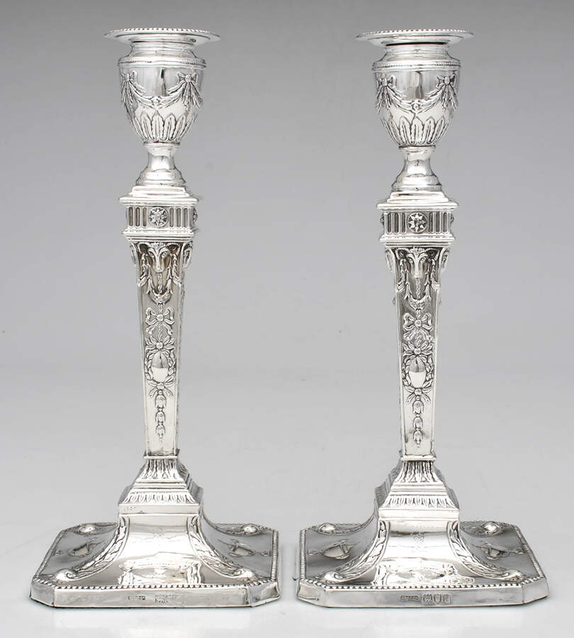 KMB1 (Sterling, Hollowware) Pair of Weighted Candlesticks with Bobeche by Kemp Brothers-1