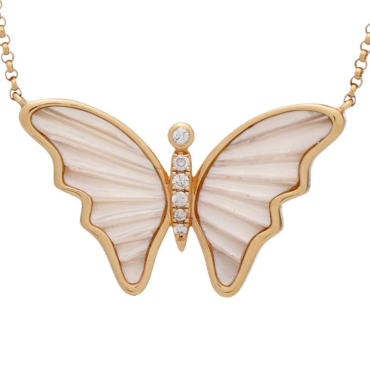 Estate Jewelry Necklaces 14KY Effy Mother of Pearl & Diamond(0.09) Butterfly Adjustable Necklace