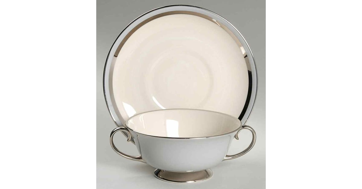 Contessa Gray (Platinum Trim, Coupe) Footed Cream Soup Bowl & Saucer ...