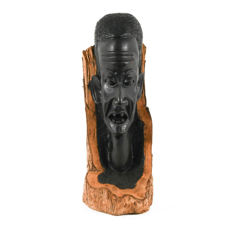 Painted Black Carved Wood Sculpture of a Man's Face-1