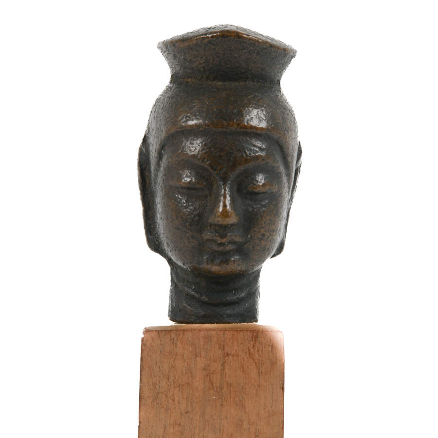 Miniature Bronze Head of Bodhisattva on Wood Base-12