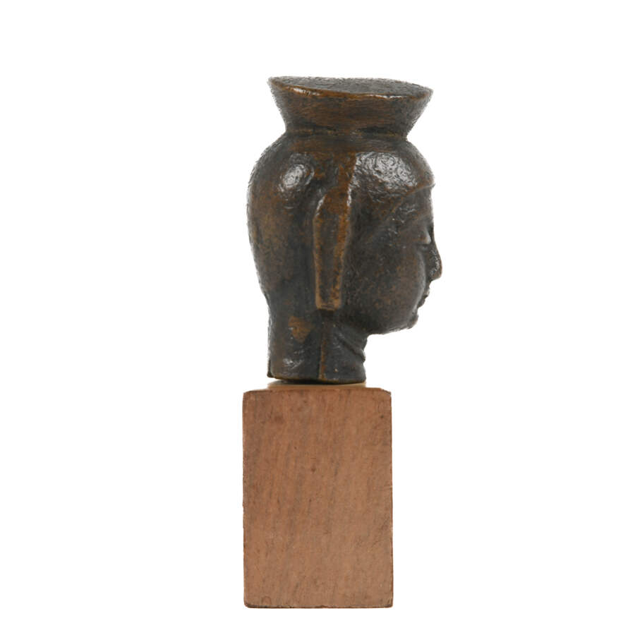 Miniature Bronze Head of Bodhisattva on Wood Base-11