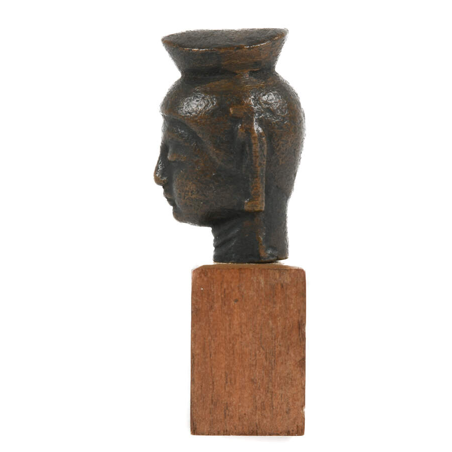 Miniature Bronze Head of Bodhisattva on Wood Base-9