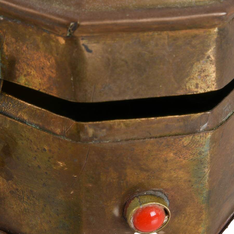 1970s Bejeweled Turquoise and Coral Stone Octagonal Brass Box-8