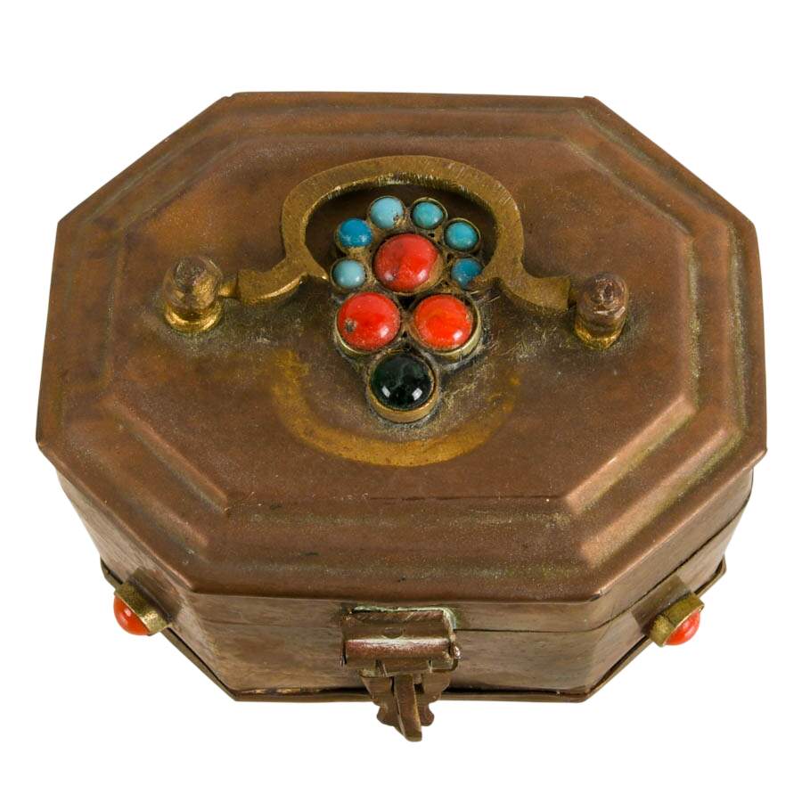 1970s Bejeweled Turquoise and Coral Stone Octagonal Brass Box-6