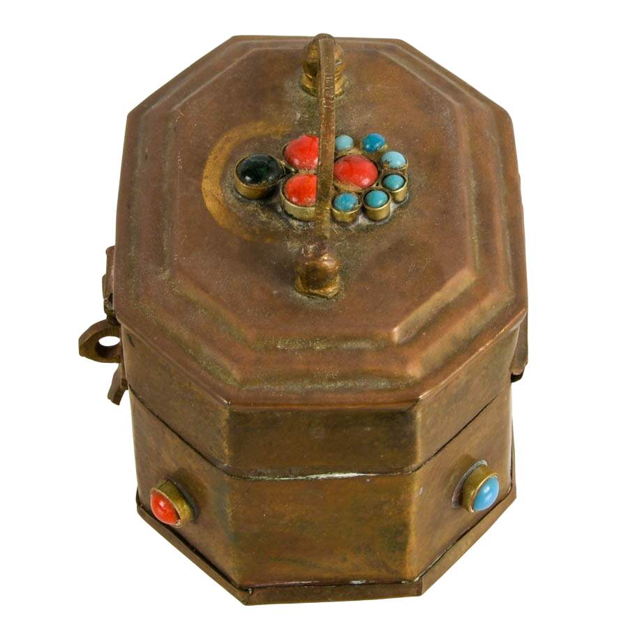 1970s Bejeweled Turquoise and Coral Stone Octagonal Brass Box-4