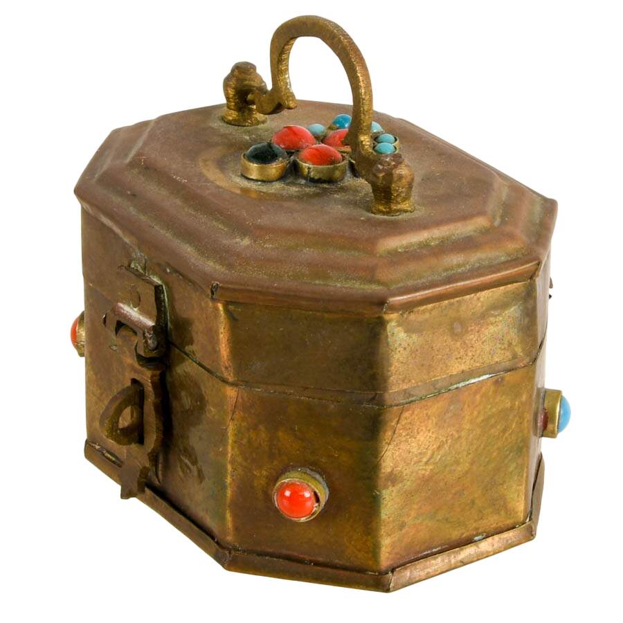 1970s Bejeweled Turquoise and Coral Stone Octagonal Brass Box-3
