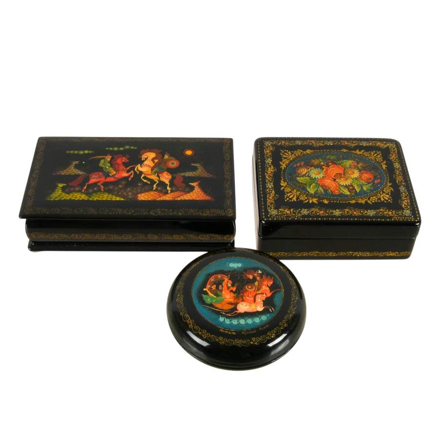 Trio of Russian Mstera Lacquer Jewelry Boxes-1